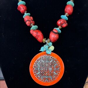 Vintage Chico’s 20” Bohemian Red and Turquoise Statement Pendant Necklace